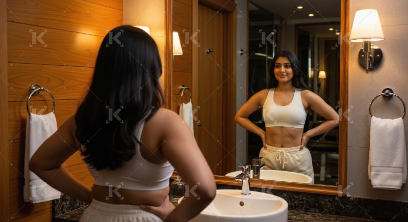 Indian confident woman stands in modern stylish bathroom with ha