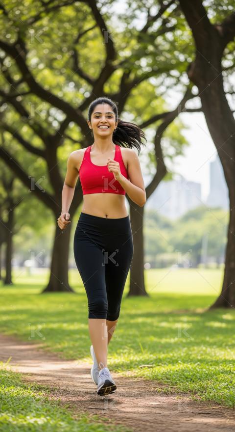 Young indian woman running in park at morning