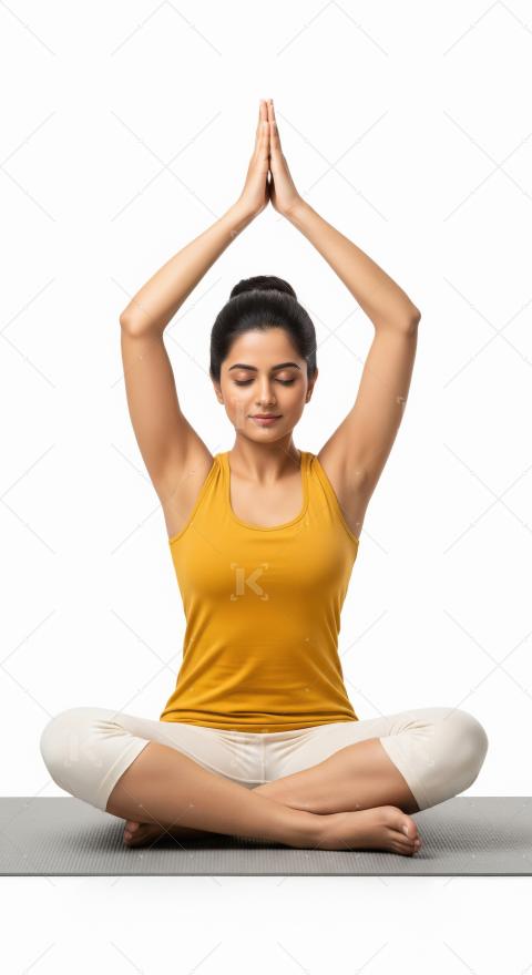 Young indian woman practicing yoga in cross legged pose with han