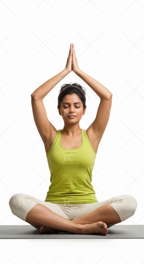Young indian woman practicing yoga in cross legged pose with han