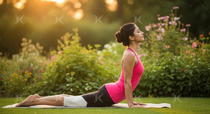 Young indian woman practicing yoga in lush garden wearing pink t