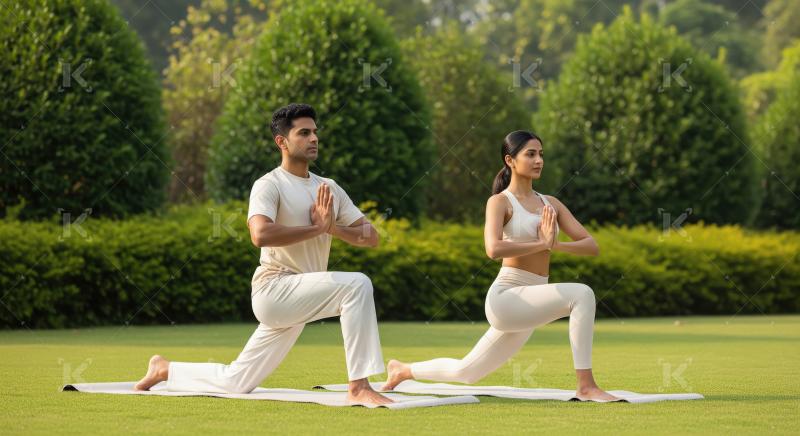 Young indian couple practices yoga together outdoors on green la