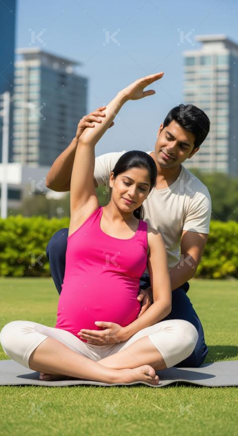 Indian pregnant woman practices prenatal yoga outdoors on glass
