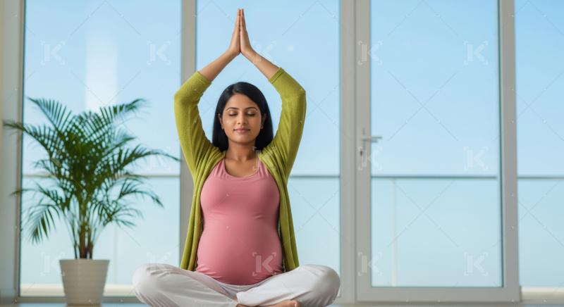 Indian pregnant woman practices yoga art home sitting cross legg