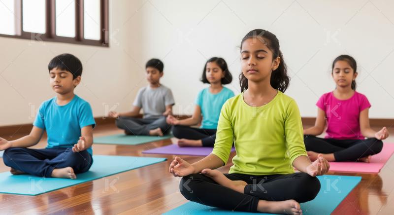 Group of indian children practicing yoga sitting cross legged on