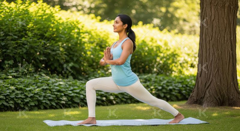 Young indian female practices yoga outdoors on mat in lush green