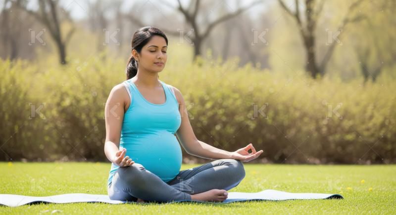 Indian pregnant woman sitting on mat in green park and practices