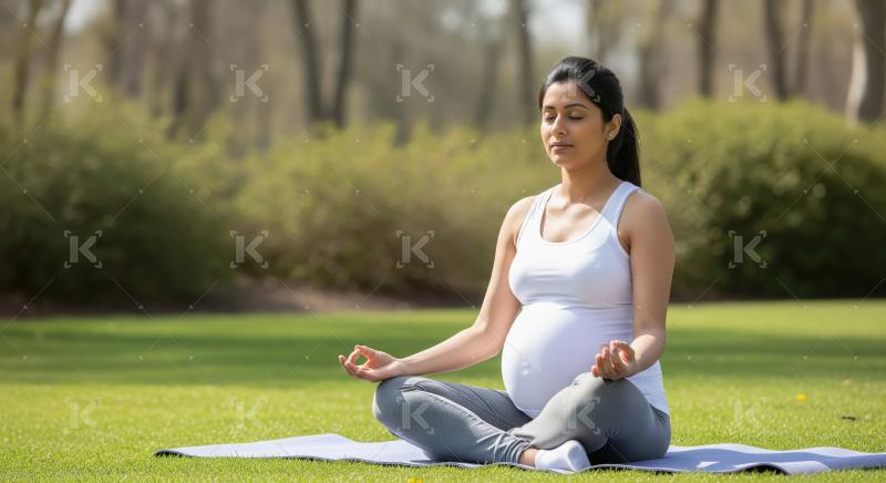 Indian pregnant woman sitting on mat in green park and practices
