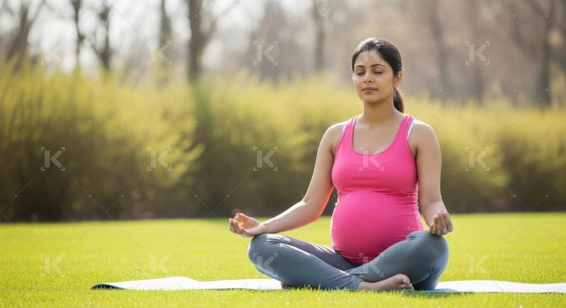 Indian pregnant woman sitting on mat in green park and practices