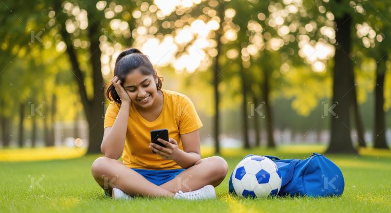 Cheerful indian teenage girl in sports outfit sits cross legged