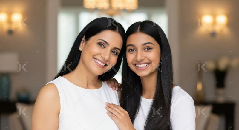 Indian woman and a girl stand closely together with a loving arm