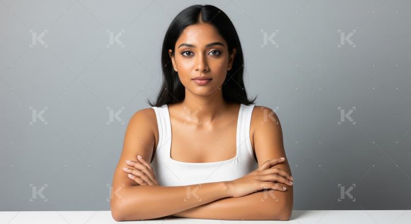 Indian confident woman with dark hair wearing sleeveless top and