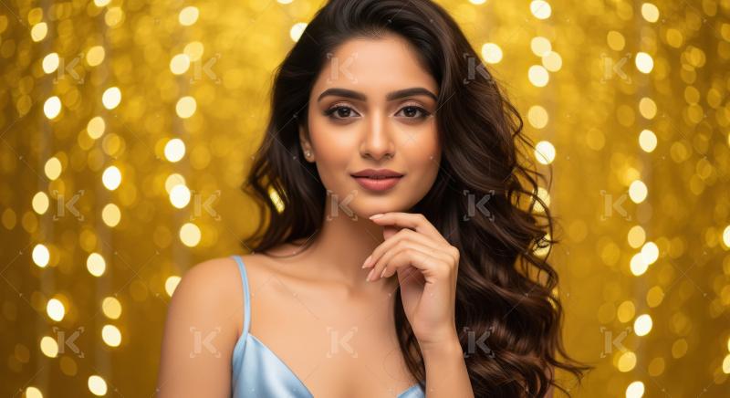 Young indian glamorous woman with long wavy hair wearing satin d