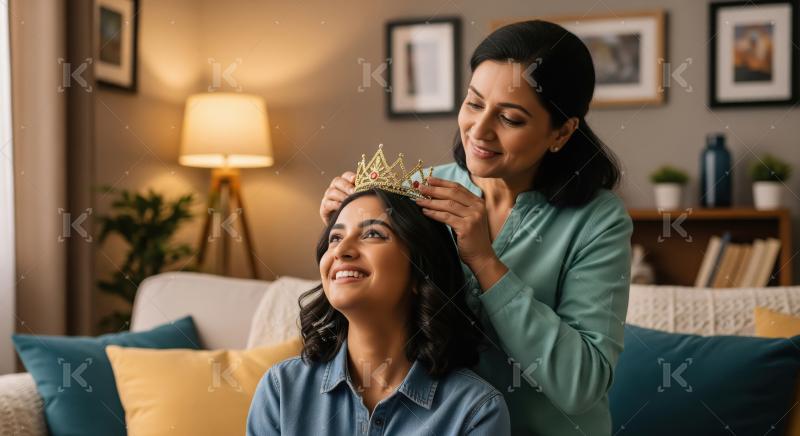 Indian happy mother places golden crown on her daughter head in