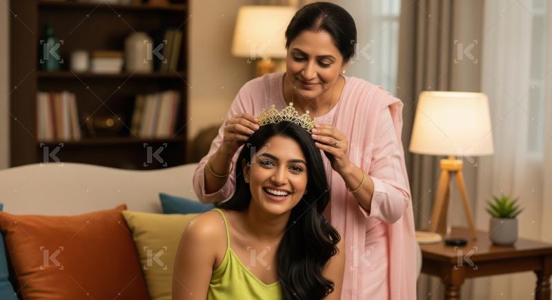 Indian happy mother places golden crown on her daughter head in