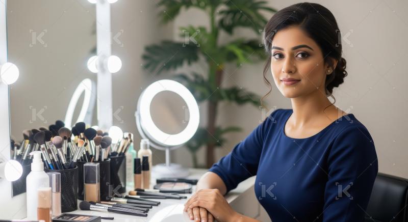 Young indian woman sitting at makeup vanity with surrounded by b
