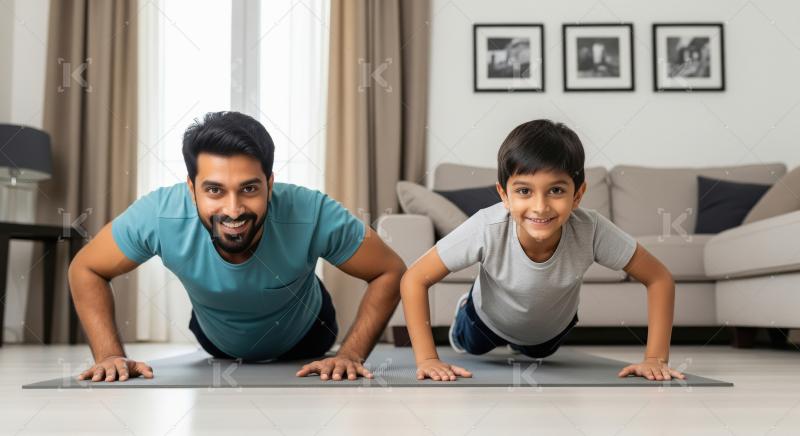 A father and son do push ups together on mat in bright living ro
