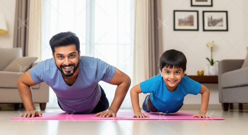 A father and son do push ups together on mat in bright living ro