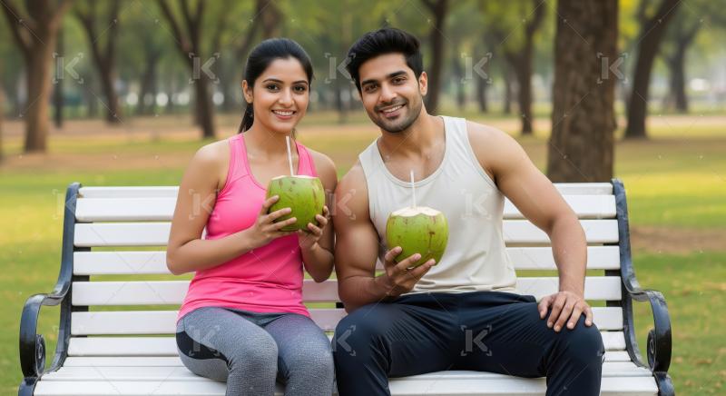 Indian couple in athletic wear sitting on park bench and holding