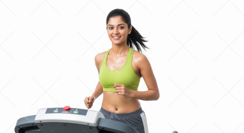 Young indian woman running on treadmill wearing off shoulder wor