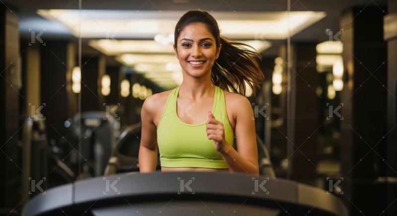 Young indian athletic woman running on treadmill in modern gym w