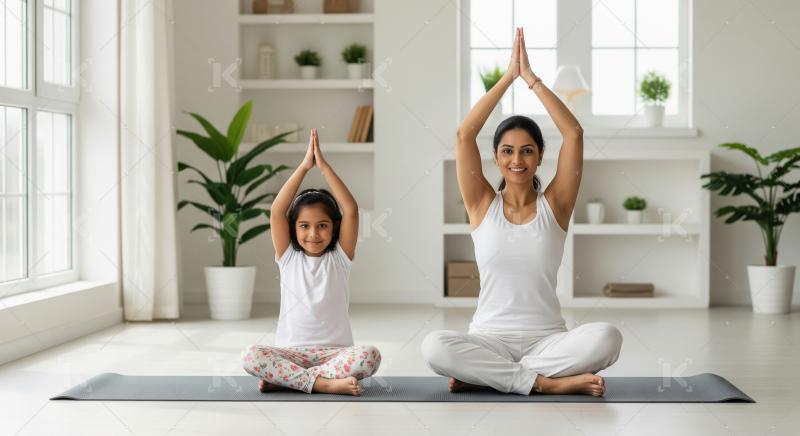 A mother and child sitting cross-legged on a yoga mat in a brigh