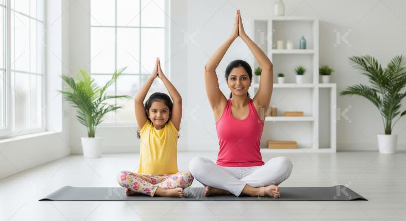 A mother and child sitting cross-legged on a yoga mat in a brigh