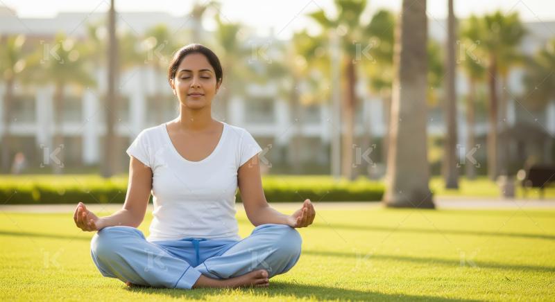 Indian woman meditating cross legged on green grass in park surr