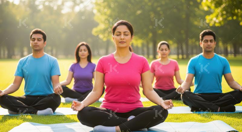 Indian woman meditating cross legged on green grass in park surr