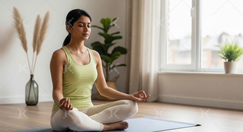 Young indian woman sitting cross legged on yoga mat in bright ro