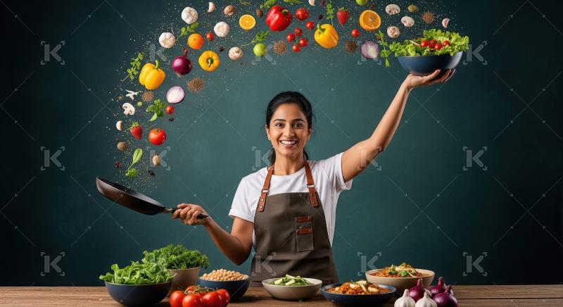 Happy Chef Tossing Fresh Vegetables, Fruits, and Spices with Sal