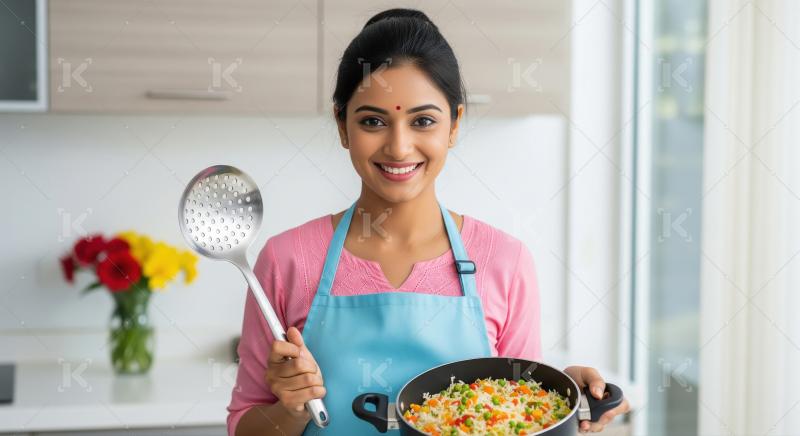 Happy Indian Woman Preparing Healthy Vegetable Rice in Kitchen