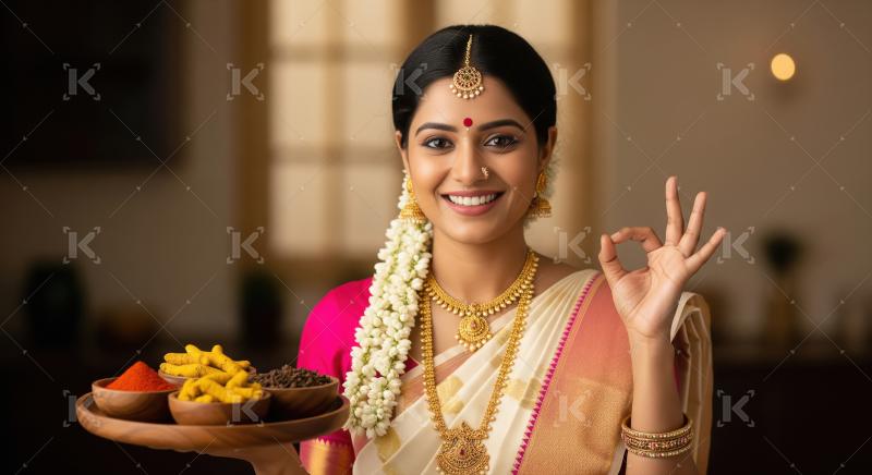 Smiling South Indian Woman with Spices Making OK Gesture