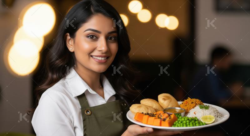 Smiling Indian Woman Presenting Delicious Traditional Food Plate