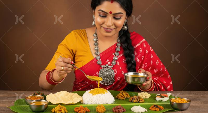Smiling South Indian woman enjoying traditional meal on banana l