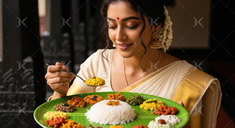 Beautiful Indian Woman Enjoying Traditional Sadya Meal on Banana