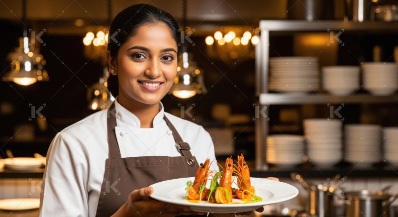 Smiling Chef Presents Delicious Prawn Dish in Restaurant Kitchen