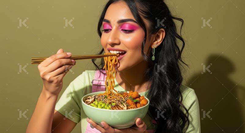 Young Woman Savoring Asian Noodles with Golden Chopsticks