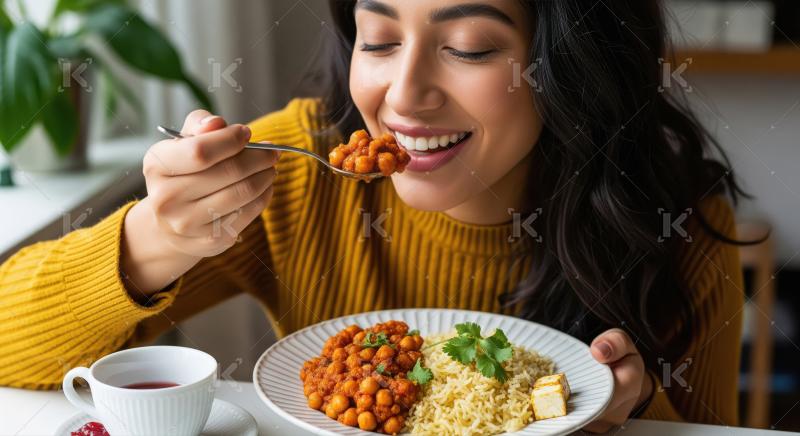 Joyful Woman Enjoying Delicious Indian Chickpea Curry Meal