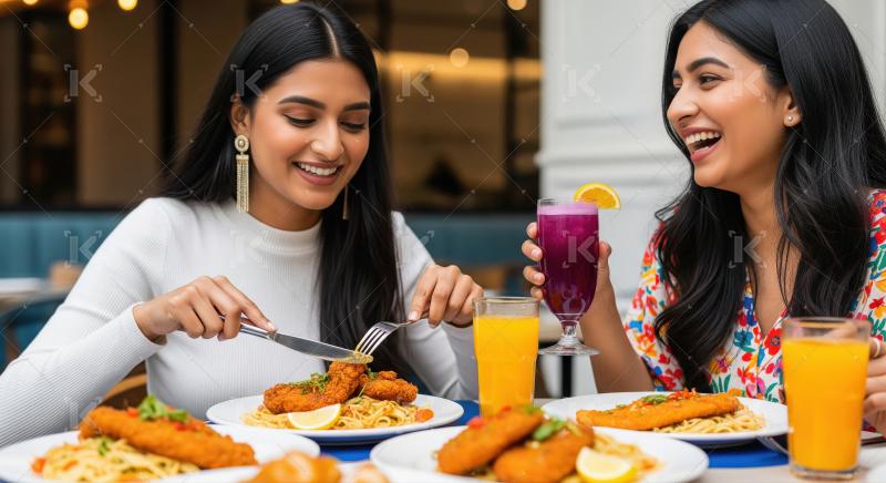 Happy Indian Friends Enjoying a Delicious Meal and Drinks
