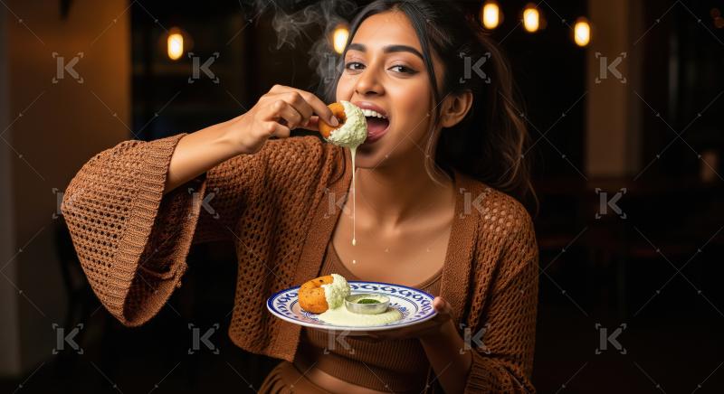 Indian Woman Savoring Hot Medu Vada with Green Chutney