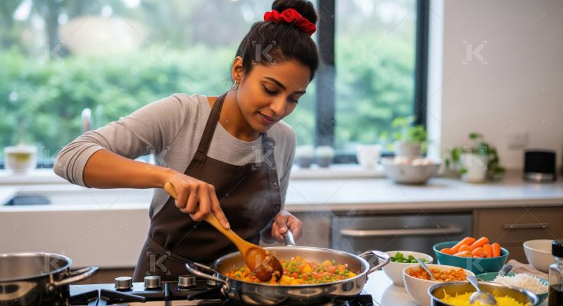 Joyful Woman Prepares Healthy Steaming Vegetables in Modern Kitc