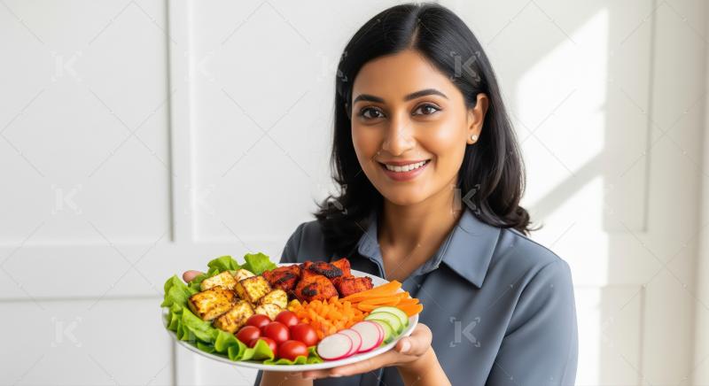 Smiling Indian Woman Holding Healthy Paneer and Chicken Plate