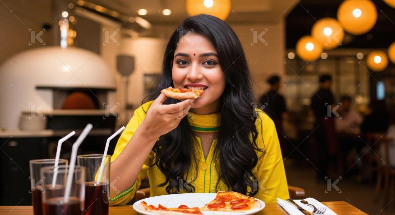 Happy Indian Woman Enjoying Pizza at a Restaurant