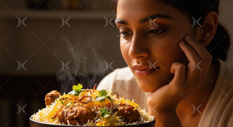 Appreciative Woman Admiring Hot, Aromatic Chicken Biryani