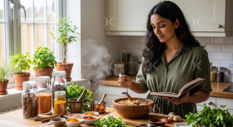 Young Woman Cooking Healthy, Spice-Rich Meal in Her Home Kitchen