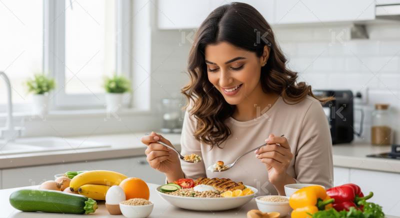 Happy Woman Eating Healthy Meal in Modern Kitchen