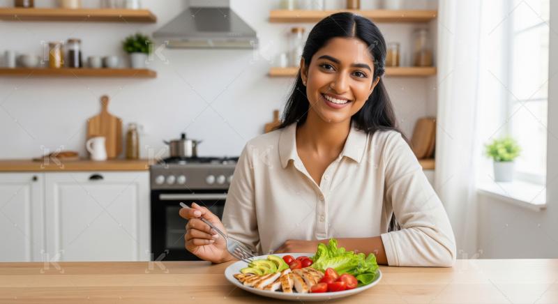 Happy Indian Woman Enjoying Healthy Meal in Modern Kitchen