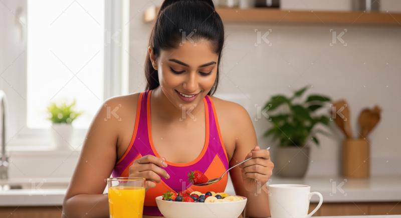 Happy woman enjoying healthy fruit breakfast in her kitchen.