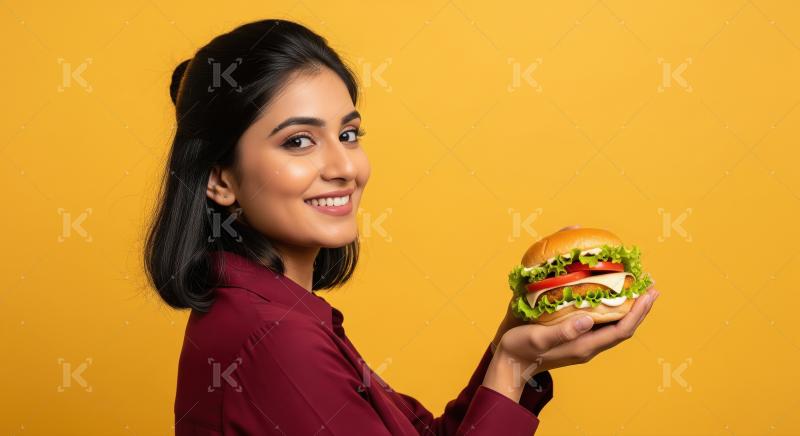 Happy Indian Woman Presenting Delicious Burger with Big Smile